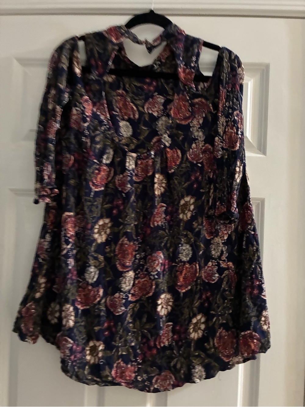 Beautiful Floral Navy Cold-Shoulder Blouse